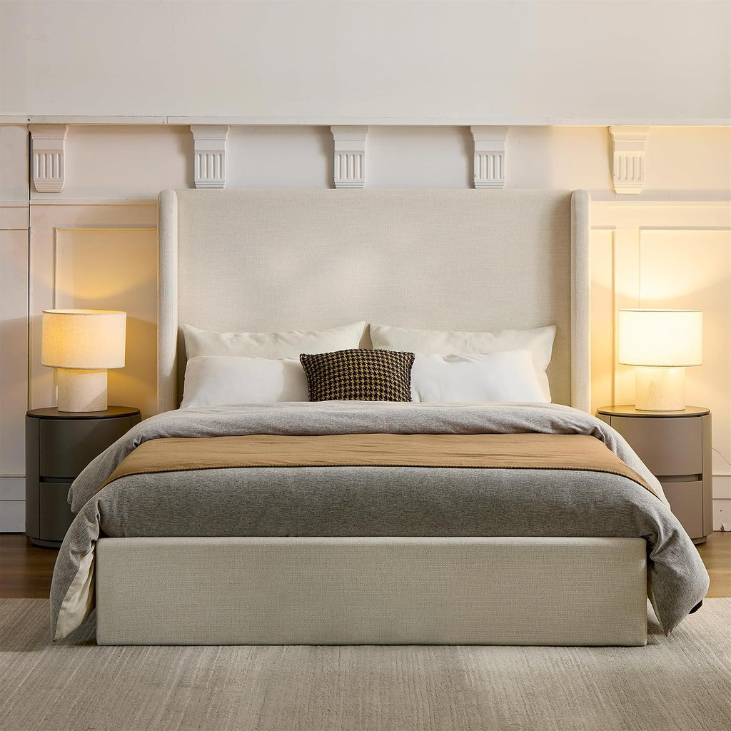 Queen Textured Canvas Chenille Bed Frame with 54' Tall Headboard - Ivory Carmen Wingback Upholstered Platform Bed Elegant Simplicity Bedroom Furniture Strong Wood Slats Support No Box Spring Needed