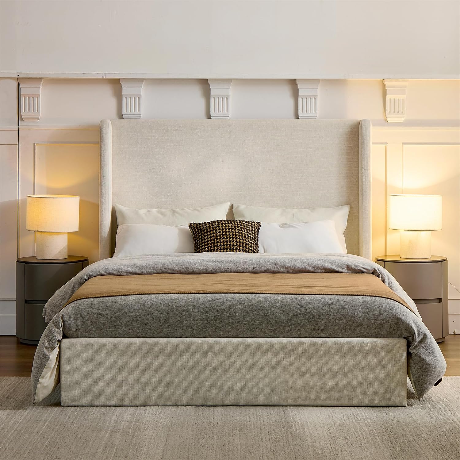 Queen Textured Canvas Chenille Bed Frame with 54' Tall Headboard - Ivory Carmen Wingback Upholstered Platform Bed Elegant Simplicity Bedroom Furniture Strong Wood Slats Support No Box Spring Needed