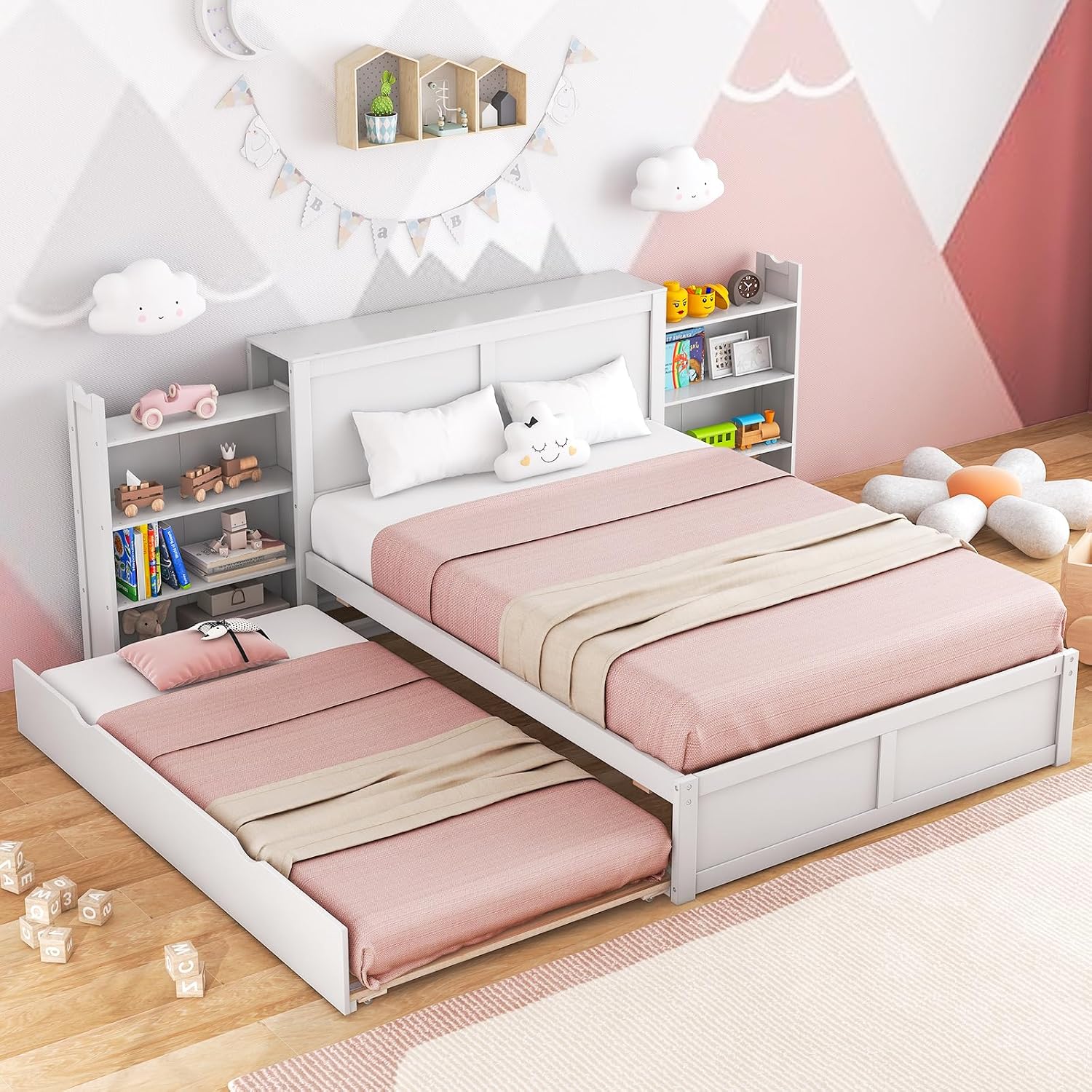 Giantex Full Size Bed Frame with Twin Trundle, Wooden Storage Platform Bed with 2 Rolling Bookcases & Headboard, Full Bed Frames for Kids, No Box Spring Needed, White
