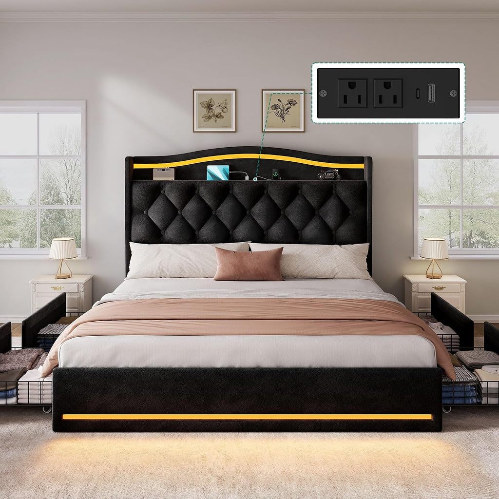 YITAHOME Queen Size Bed Frame with 4 Storage Drawers and RGB LED Lights, 57'' Tall Headboard Velvet Upholstered Bed with Charging Station, No Box Spring Needed, Easy Assembly, Noise-Free, Black