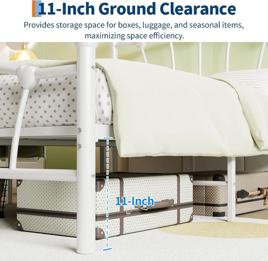 GarveeHome Full Size Bed Frame, Heart Shaped Metal Bed Frame with Headboard and Footboard, Platform Bed Frame with Sturdy Slat Support, Underbed Storage Space, No Box Spring Needed, White