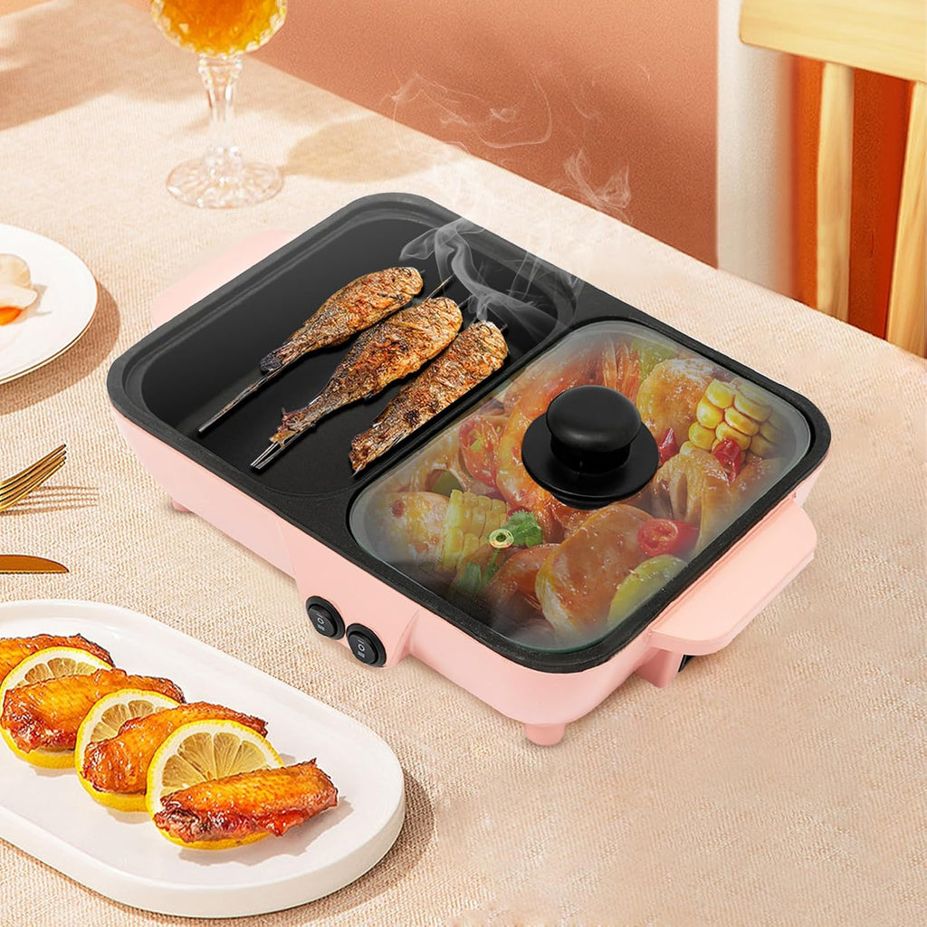 Electric Grill Hot Pot 2 In 1, Multifunctional Smokeless Grill Indoor Teppanyaki Grill/Shabu Pot Separate Dual Temperature Contral, Non-Stick Pan BBQ Capacity for 1-42 People