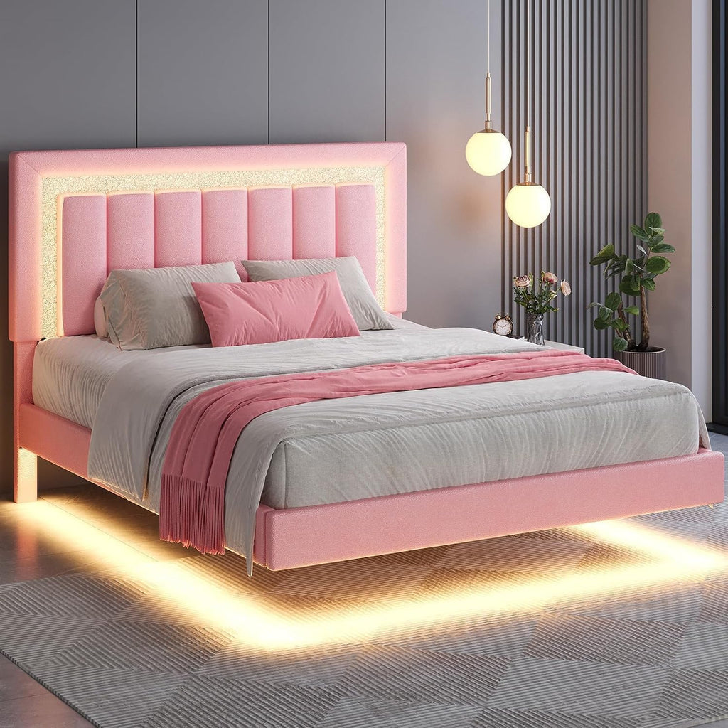 HOMBCK Floating Bed Frame Queen with Smart LED Lights, Faux Leather Upholstered Bed with Diamond PU Headboard, No Box Spring Needed, Noise-Free, Easy Assembly, Pink