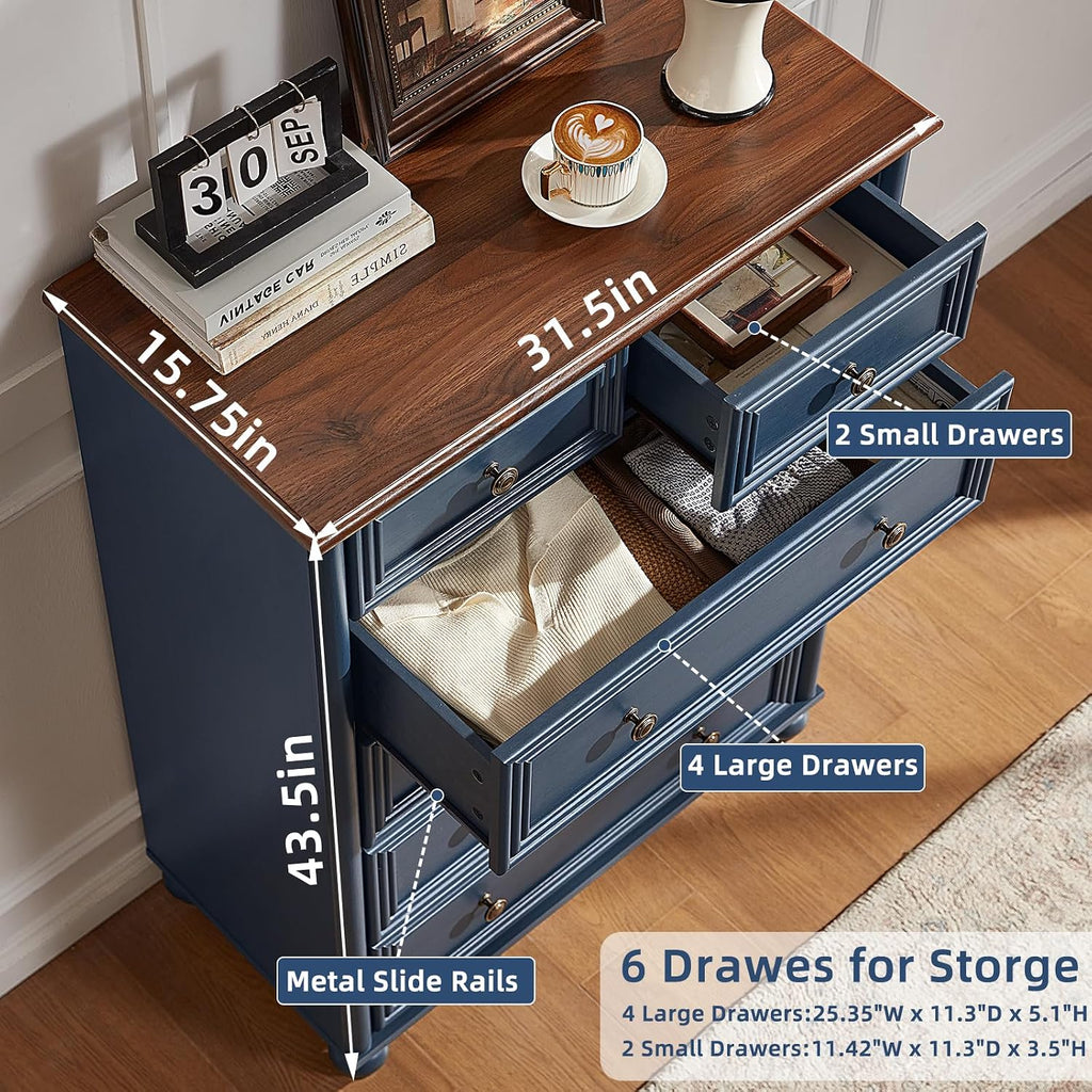 RWYHG Farmhouse Dresser and Nightstand Sets 4 Piece, Wooden 6 Drawers Dresser & 43.5' Tall Chest of Drawers, 18' Roman Column Nightstand Set of 2, Furniture Dressers for Bedroom, Living Room