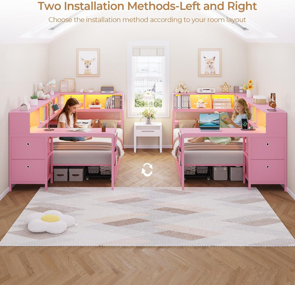 DICTAC Corner Twin Bed Frame with Desk,Charging Station and Bookcase Storage Pink Bed Frame for Girls with Storage Drawers and Led Lights Twin Size Daybed with Open Shelves,No Box Spring Needed