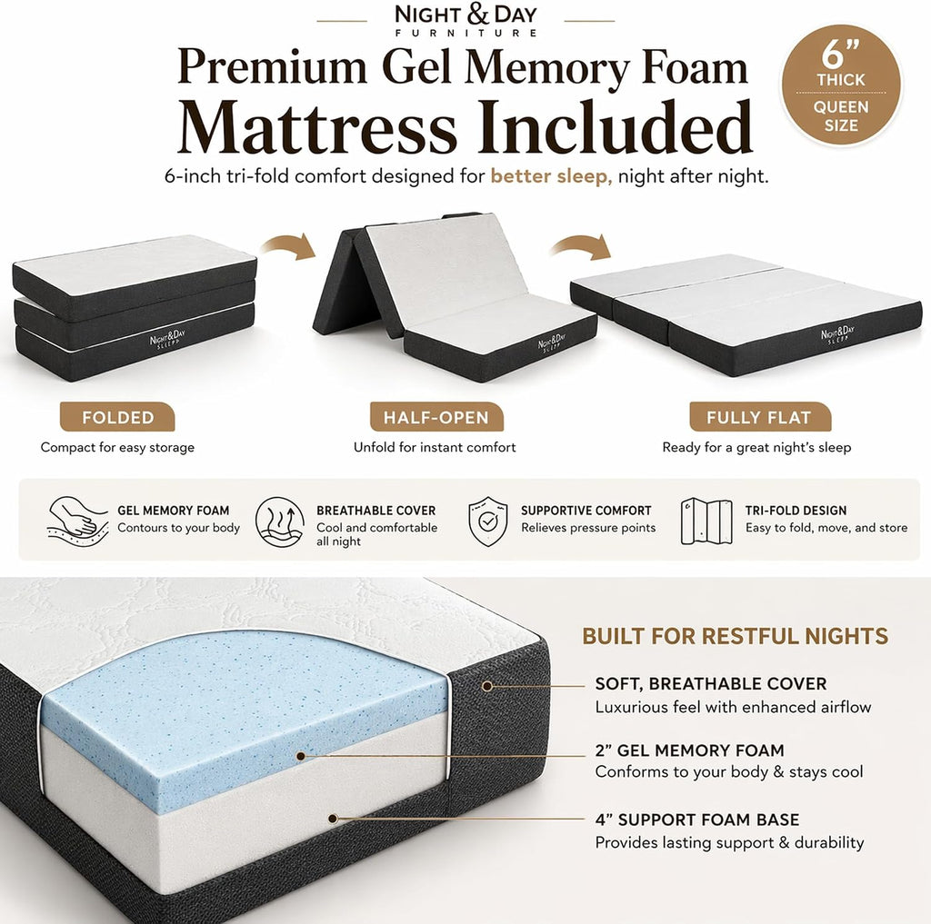 NIGHT & DAY Furniture Murphy Cube Cabinet Bed Queen – Solid Hardwood Fold-Out Space-Saving Portable Cabinet Bed with 6' Gel Memory Foam Mattress – Normandy Brown Finish