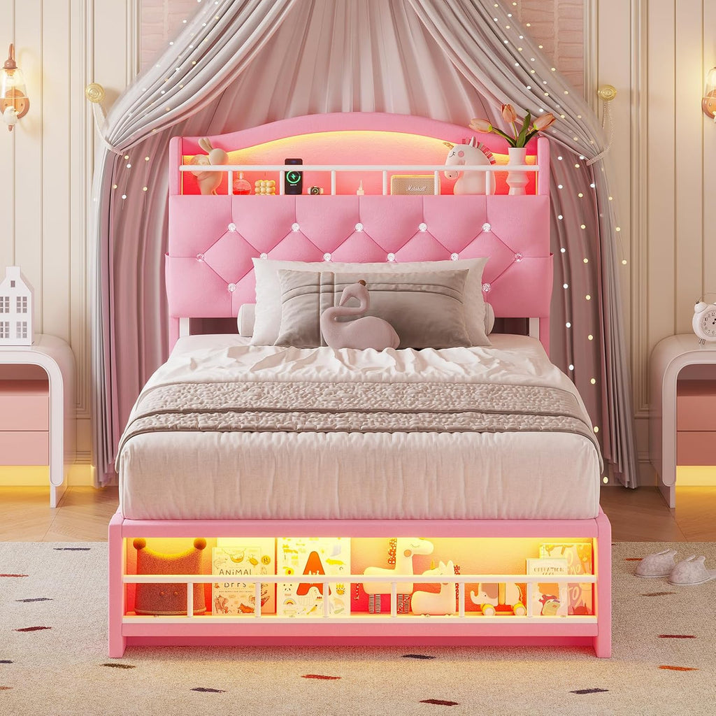 HAUOMS Twin Size Bed Frame with LED Lights, Princess Velvet Upholstered Platform Bed for Girls, Headboard with Charging Station & Guardrail & Crystal Button, No Box Spring Needed, Pink