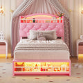 HAUOMS Twin Size Bed Frame with LED Lights, Princess Velvet Upholstered Platform Bed for Girls, Headboard with Charging Station & Guardrail & Crystal Button, No Box Spring Needed, Pink