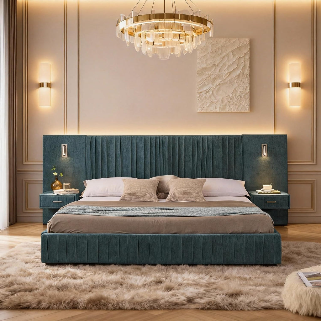 Upholstered Platform Bed with Built-in Nightstands, King Size Bed Frame with Chenille Headboard and Adjustable Lighting, No Box Spring Required, Space-Saving Bedroom Combo (Blue-Green)