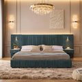 Upholstered Platform Bed with Built-in Nightstands, King Size Bed Frame with Chenille Headboard and Adjustable Lighting, No Box Spring Required, Space-Saving Bedroom Combo (Blue-Green)