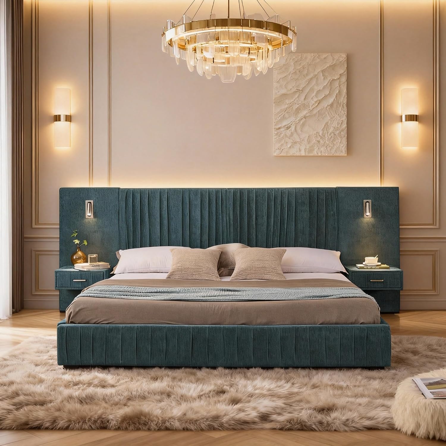 Upholstered Platform Bed with Built-in Nightstands, King Size Bed Frame with Chenille Headboard and Adjustable Lighting, No Box Spring Required, Space-Saving Bedroom Combo (Blue-Green)