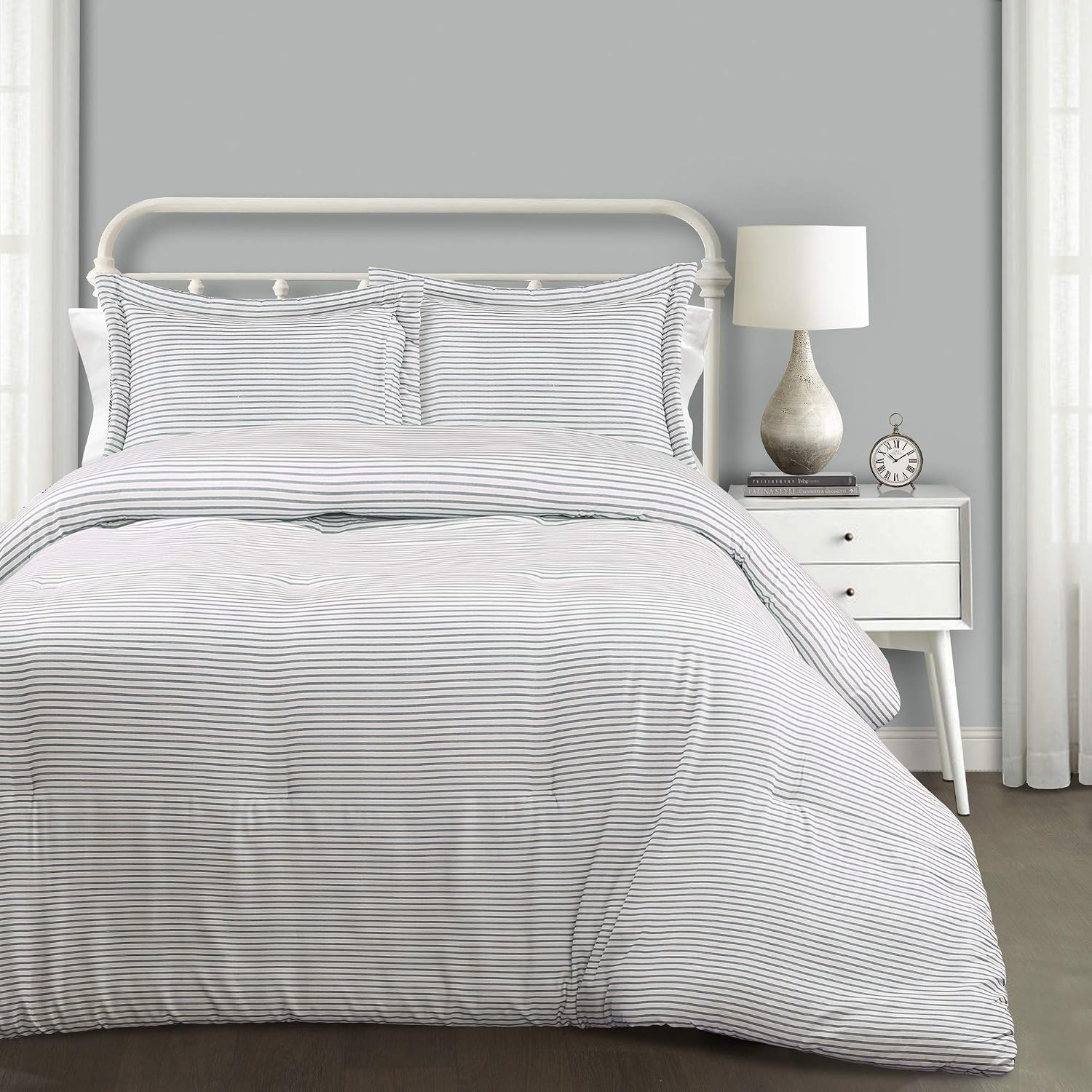 Lush Decor Farmhouse Stripe Reversible Cotton Comforter Set, 3 Piece Set, Full/ Queen, Blue - Cozy F𝐚rmhouse Bedding Set - Rustic Decor - Striped Comforter - Modern Farmho𝐮se Bedroom Decor
