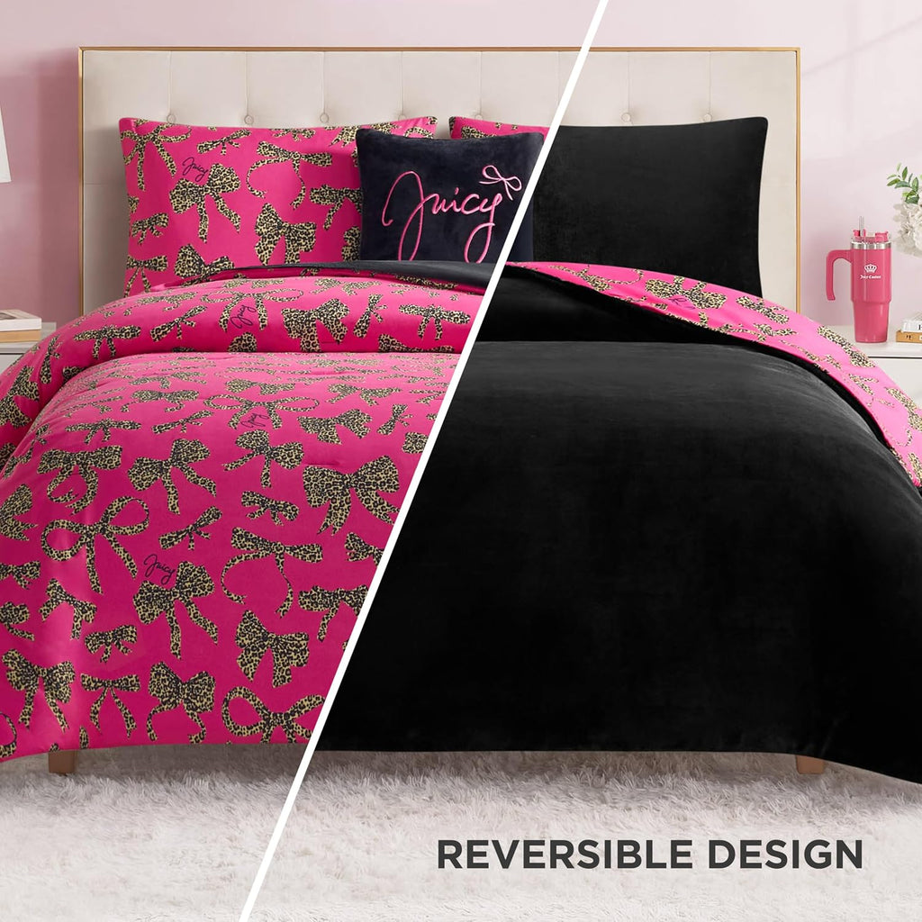 Juicy Couture Plush Reversible Cheetah Bows 4-Piece King Comforter Set with Decorative Pillow