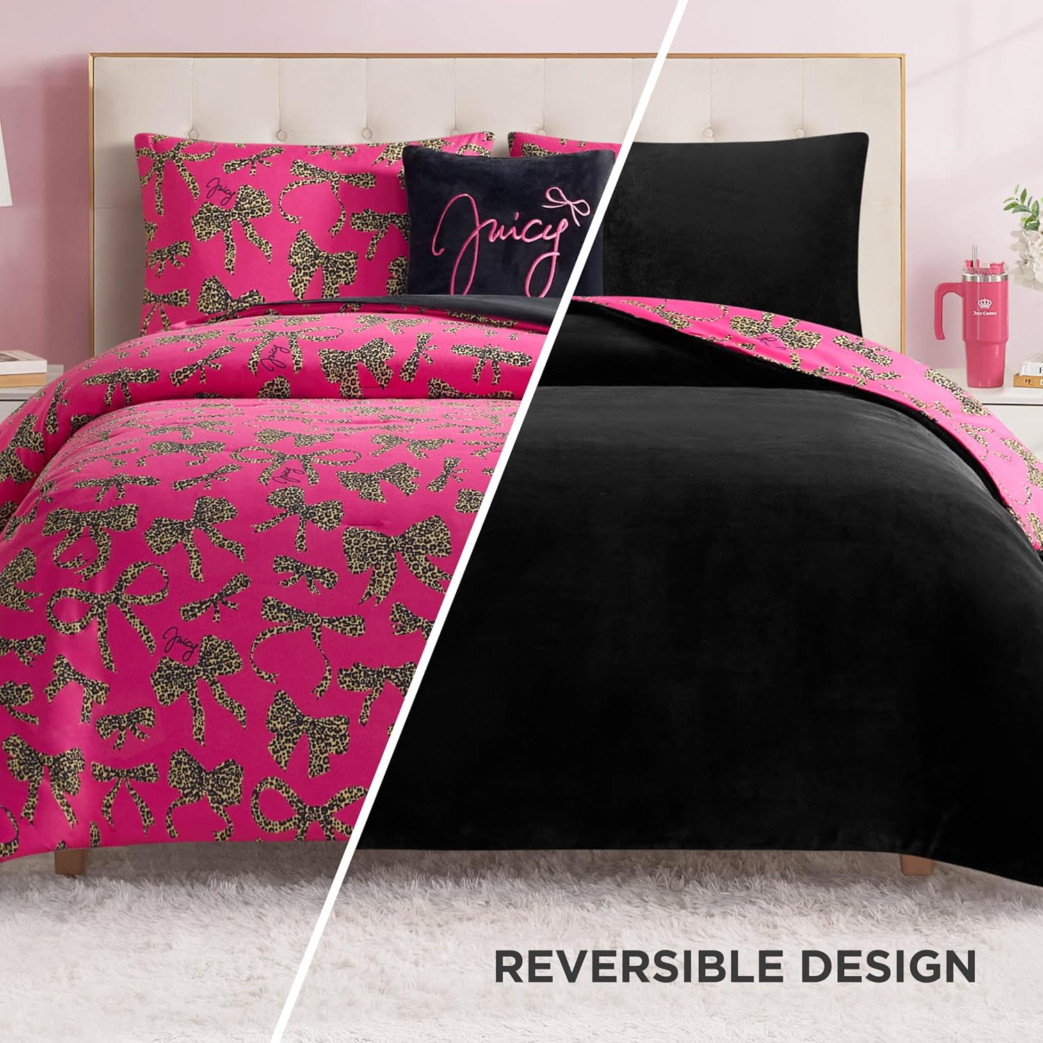 Juicy Couture Plush Reversible Cheetah Bows 4-Piece King Comforter Set with Decorative Pillow