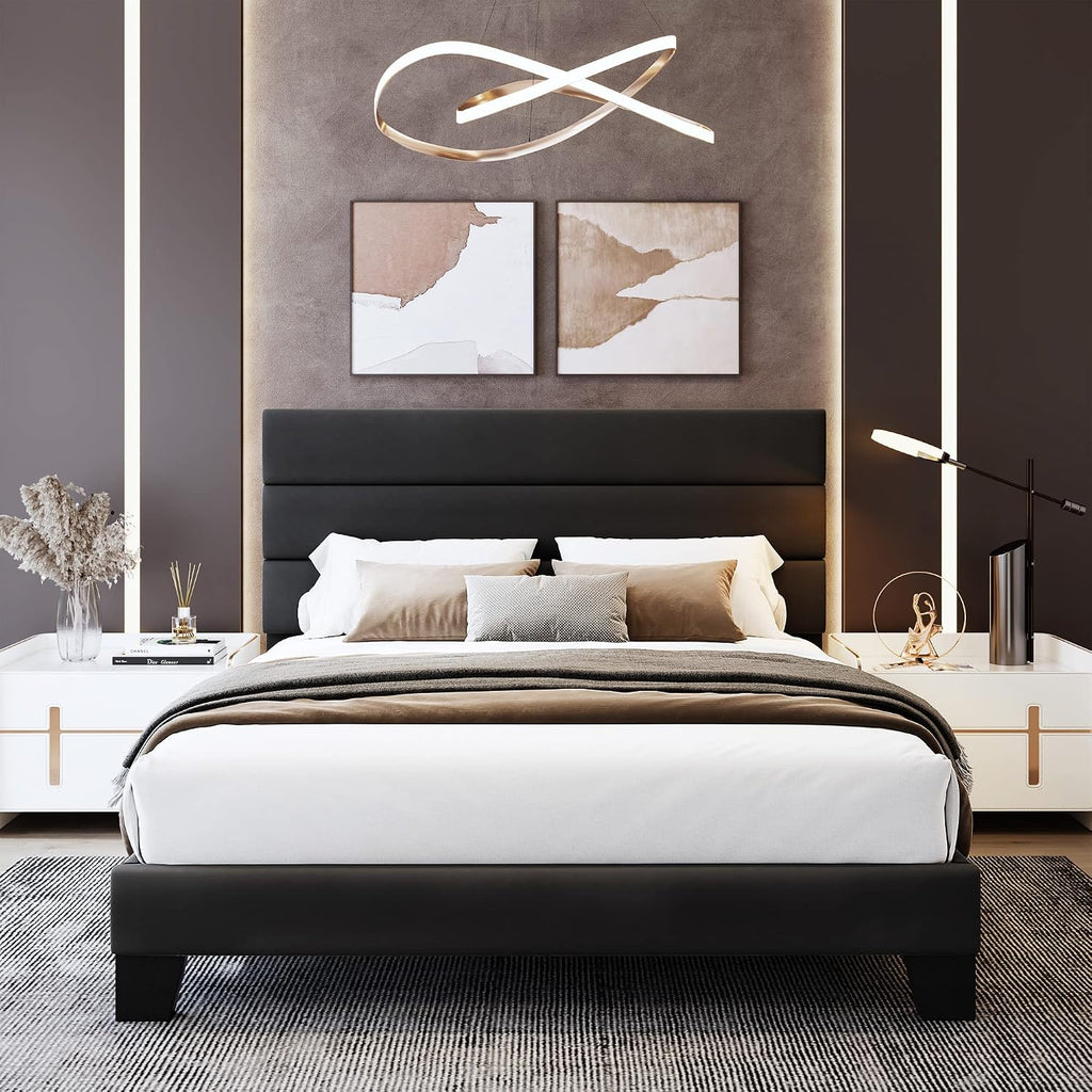WEEWAY Full Size Bed Frame Platform Bed with Velvet Upholstered Headboard and Wooden Slats Support, Heavy Duty Mattress Foundation, No Box Spring Needed, Easy Assembly, Black