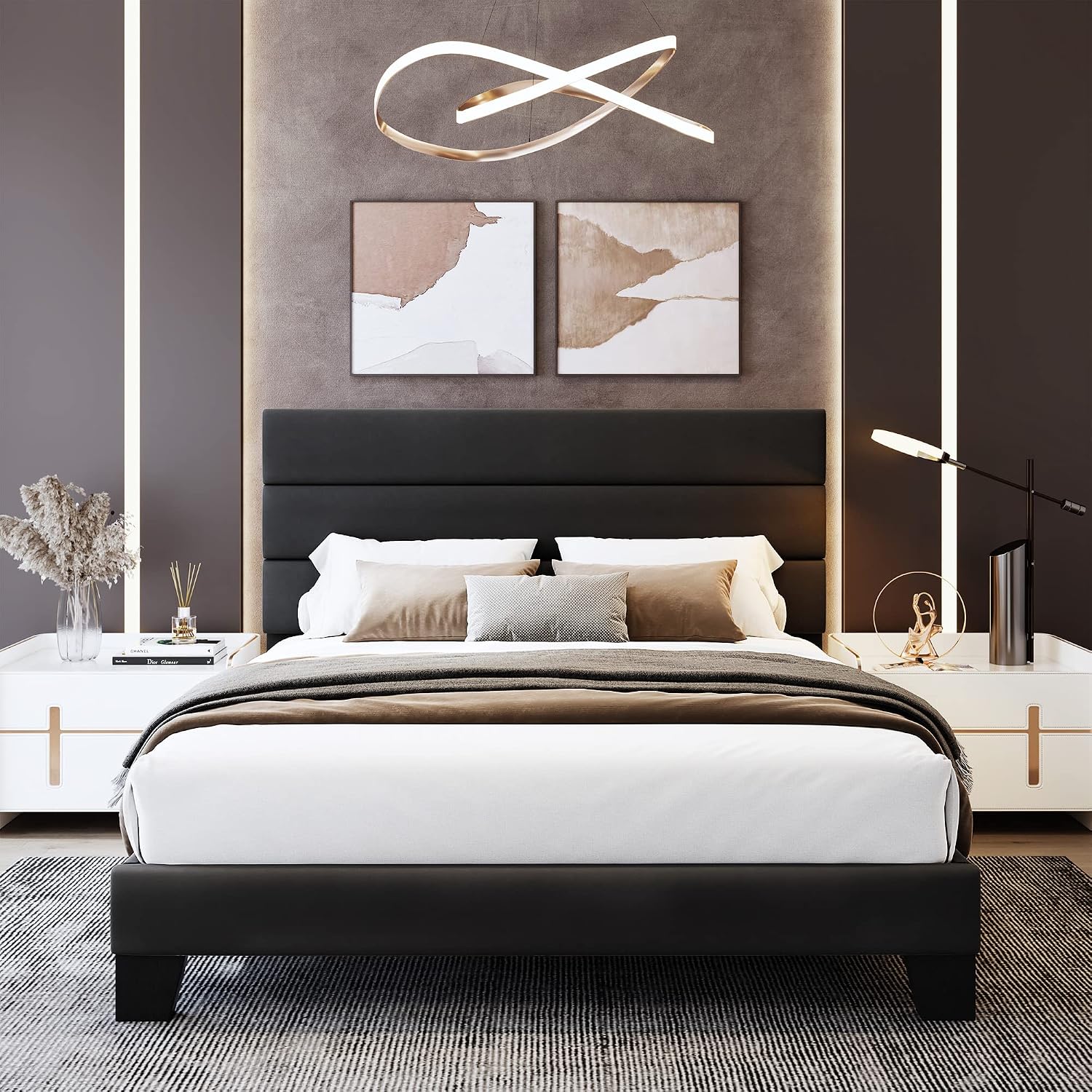 WEEWAY Full Size Bed Frame Platform Bed with Velvet Upholstered Headboard and Wooden Slats Support, Heavy Duty Mattress Foundation, No Box Spring Needed, Easy Assembly, Black