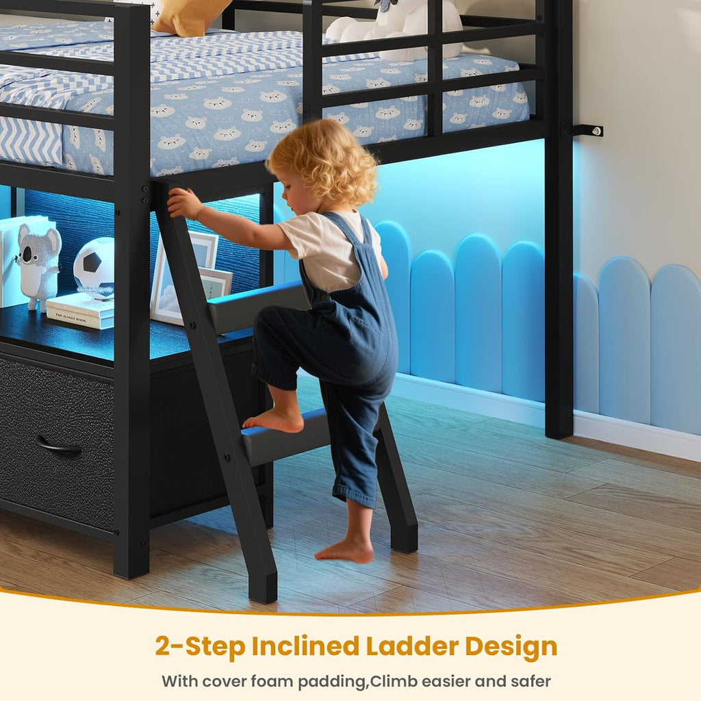 ADORNEVE Low Loft Bed Twin Size with 7 Storage Drawers, Bookcase and LED Lights, Metal Kids Loft Bed with 14' H Safety Guardrail,Inclined Ladder and Play Curtain, Under-Bed Play Space, Black