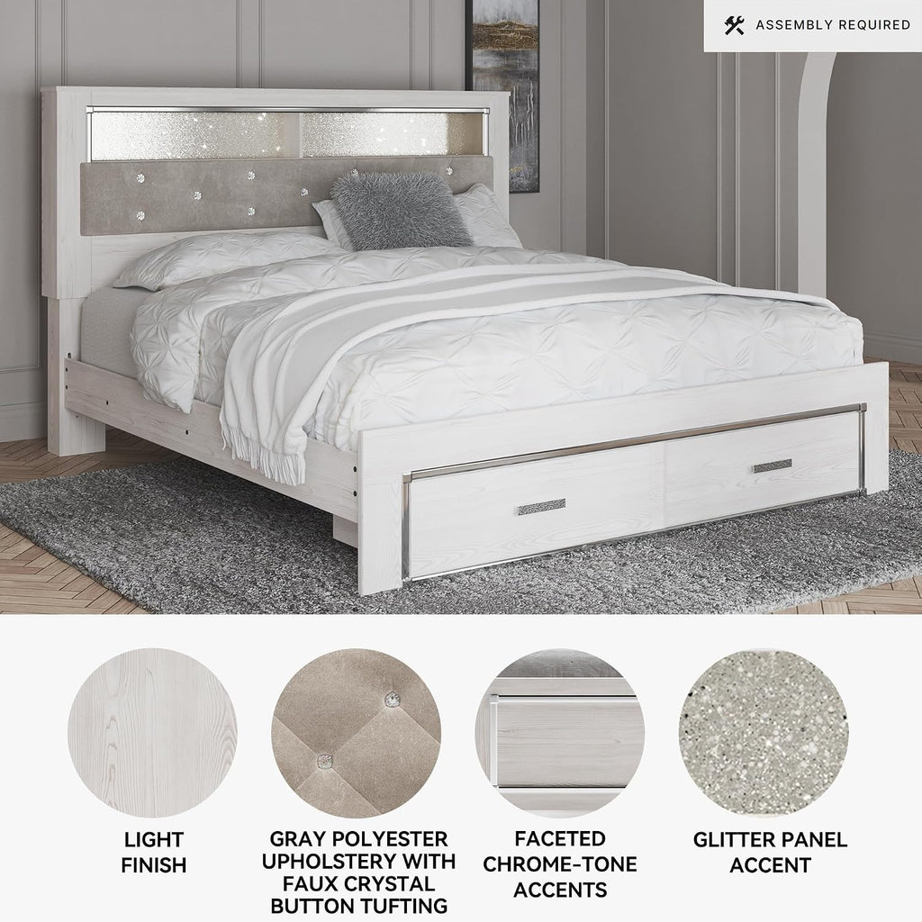Signature Design by Ashley Altyra Contemporary Tufted King Upholstered Bookcase Platform Bed with LED Lights and 2 Drawers, Foundation or Box Spring Not Needed, White & Gray