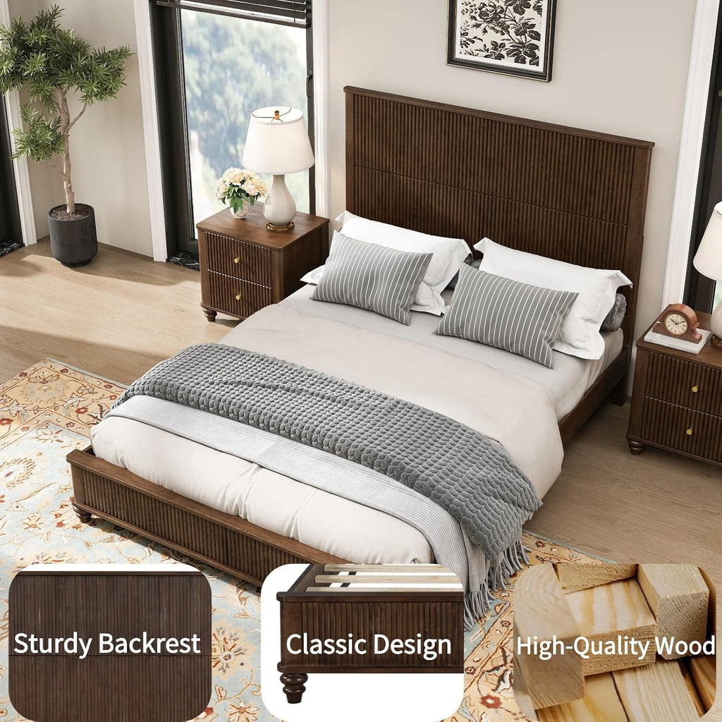 Solid Wood Queen Platform Bed Frame with Headboard, Tall Walnut Finish, No Box Spring Needed, Durable Slat Support for Memory Foam Mattresses, Elegant Design (Walnut, Queen)