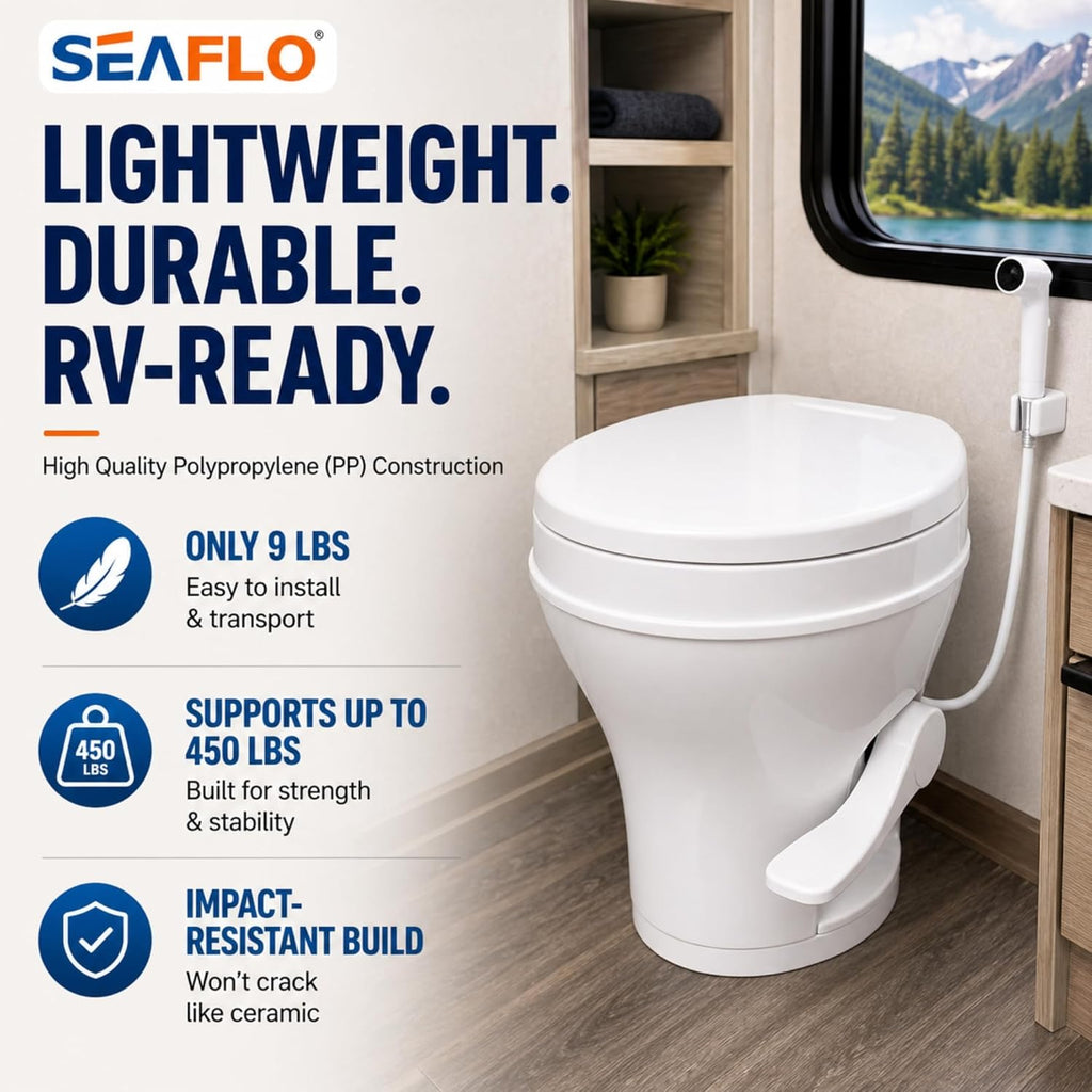 SEAFLO RV Toilet with Sprayer Attachment - White, 18.4' Residential Height, Gravity Flush Foot Pedal Camper Toilet Soft Close Seat Elongated Bowl Motorhome, 4-Year Warranty, SFRTPH-01-02