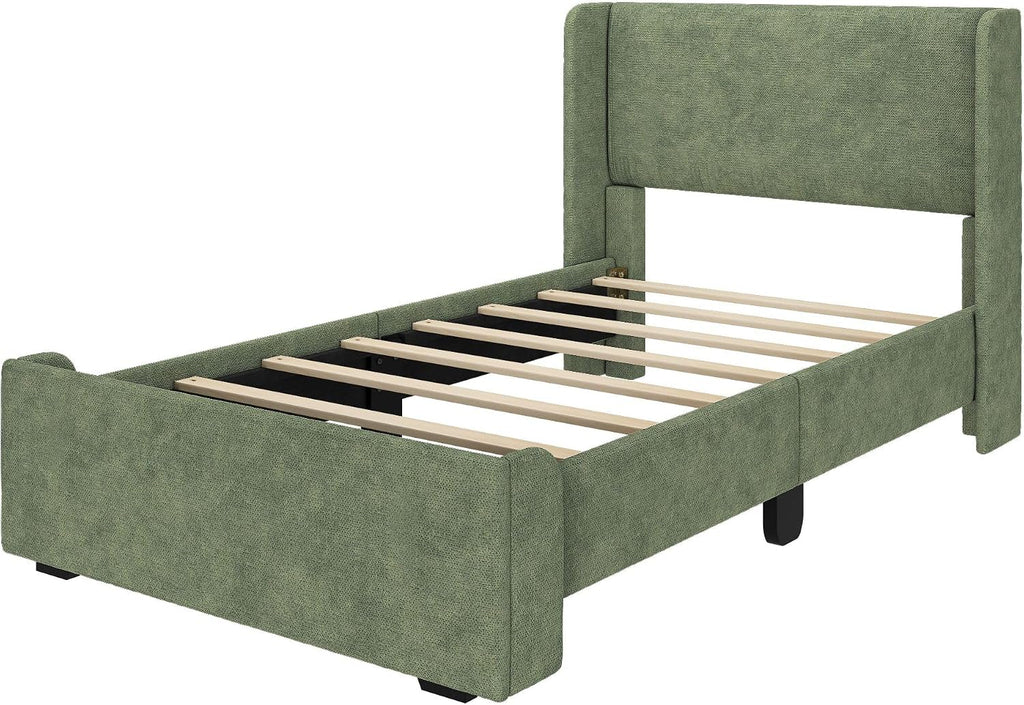 Max & Lily Upholstered Twin Bed Frame with Rectangular Headboard, Upholstered Platform Bed for Kids, No Box Spring Needed, Easy Assembly, Green