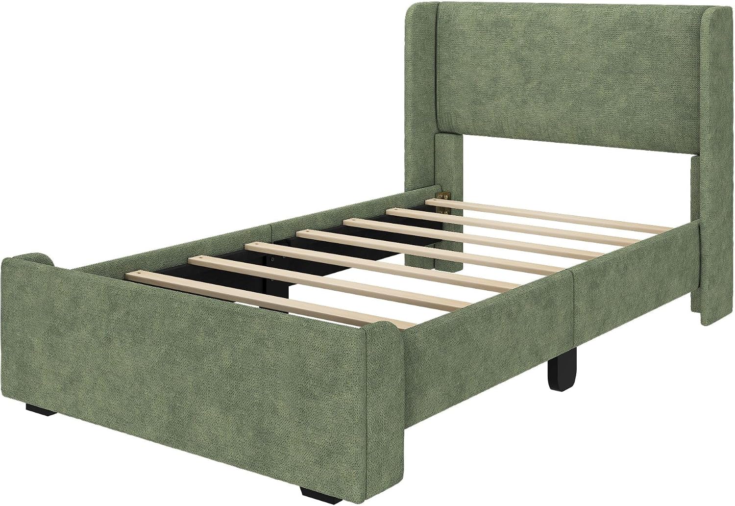 Max & Lily Upholstered Twin Bed Frame with Rectangular Headboard, Upholstered Platform Bed for Kids, No Box Spring Needed, Easy Assembly, Green