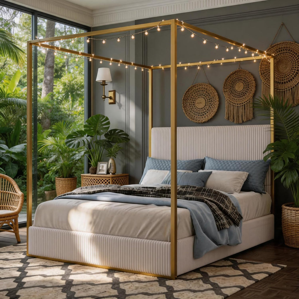 King Size Canopy Bed with Tall Upholstered Channel Headboard, Metal 4 Poster Upholstered Bed, No Box Spring Needed (Black+Cream, King//)