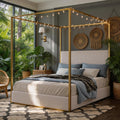 King Size Canopy Bed with Tall Upholstered Channel Headboard, Metal 4 Poster Upholstered Bed, No Box Spring Needed (Black+Cream, King//)