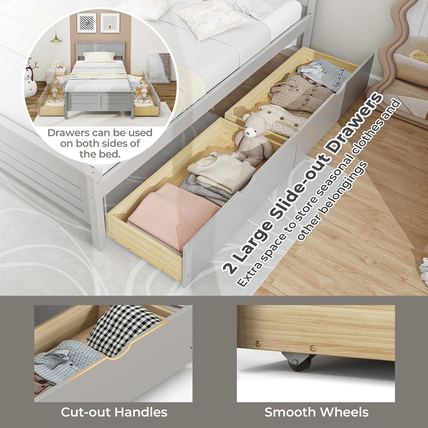Giantex Wood Twin Bed with 2 Storage Drawers, Solid Wood Platform Bed with Headboard, Wooden Slats Support Mattress Foundation, No Spring Needed, Twin Bed Frame for Kids, Teens, Adults, Grey