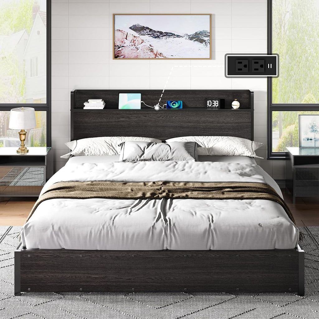 AMERLIFE King Size Lift Up Storage Bed Frame, Wooden Platform Bed Frame with Lifting Storage & Charging Station, No Spring Box Needed/Noise Free, Black