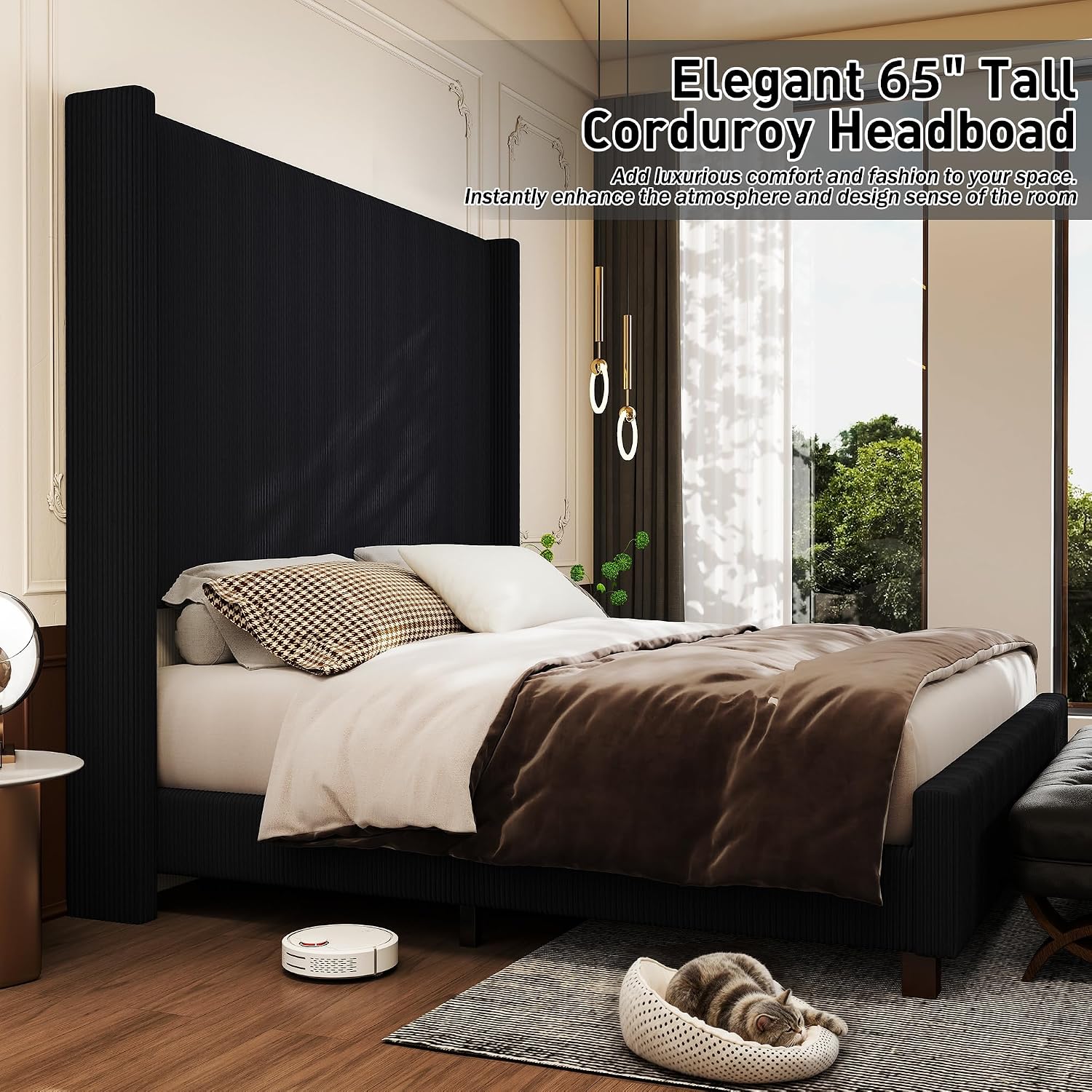 King Size Corduroy Upholstered Bed Frame with 65.2' Tall Headboard,USB Charging Station,Soft Washable Corduroy Cover with Wingback Headboard, Solid Wood Legs/Noise-Free/No Box Spring Needed/Black