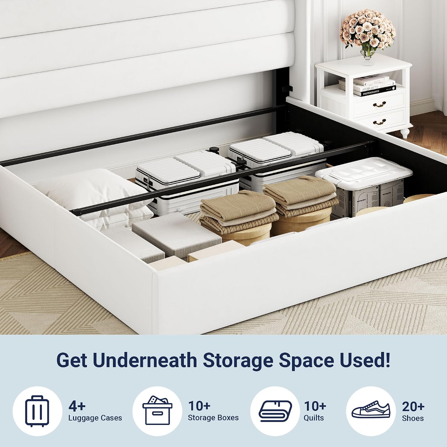 Allewie King Size Velvet Lift Up Storage Bed, Modern Wingback Headboard, Hydraulic Support, No Box Spring Needed, White