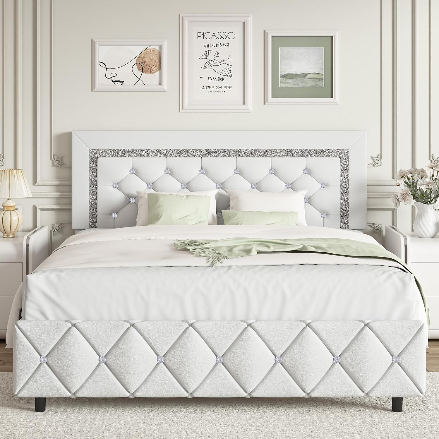 BarnFurin Full Size Bed Frame, Upholstered Platform Bed with Button Tufted Headboard, Princess Platform Bed with Diamond Design, Wooden Slats Support, No Box Spring Required, Easy Assembly, White