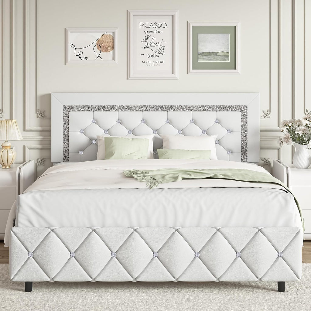 BarnFurin Queen Bed Frame, Upholstered Platform Bed with Button Tufted Headboard, Princess Platform Bed with Crystal Design, Wooden Slats Support, No Box Spring Required, Easy Assembly, White