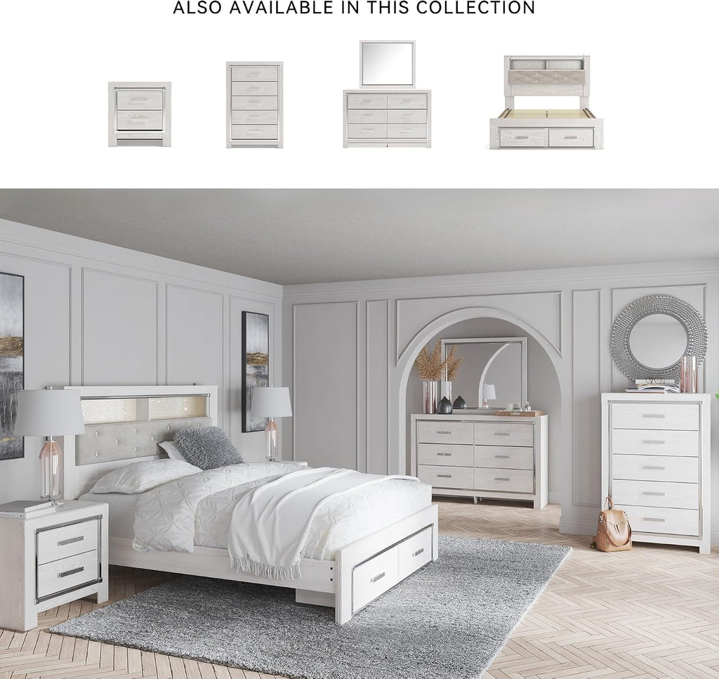 Signature Design by Ashley Altyra Contemporary Tufted Queen Upholstered Bookcase Platform Bed with LED Lights and 2 Drawers, Foundation or Box Spring Not Needed, White & Gray