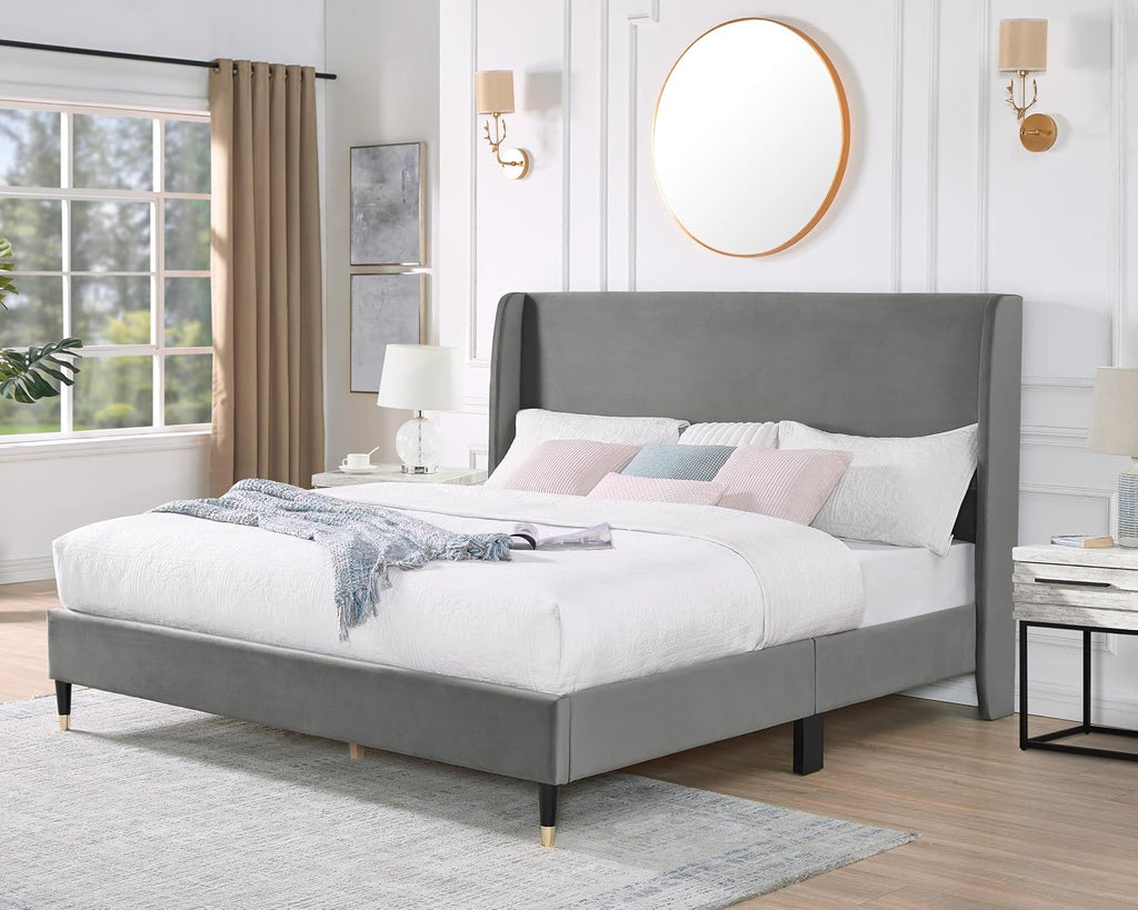 Roundhill Furniture Arles 3-Piece Upholstered Bedroom Set, Wingback Platform Bed with Two Nightstands, Gray Velvet, Queen