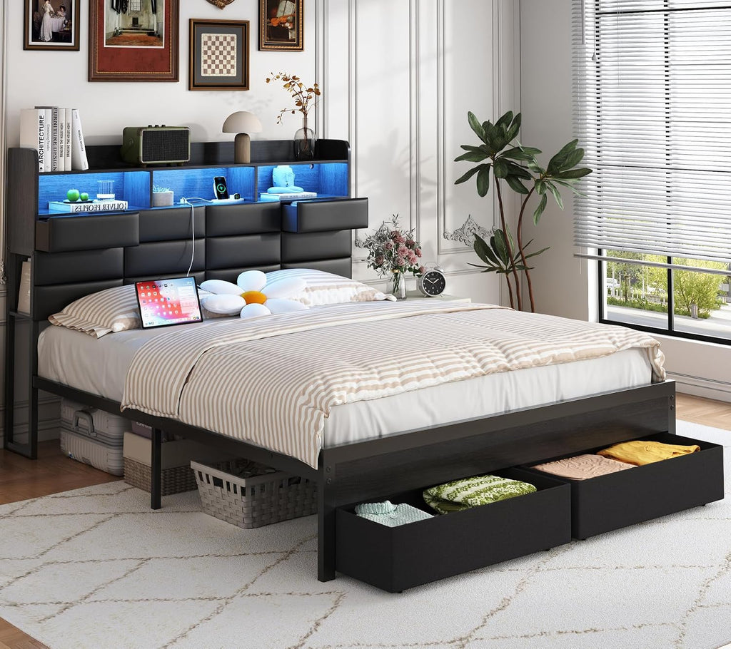 Full Bed Frame with Storage Headboard, Upholstered Black Bed Frame with 4 Drawers, LED Lights, and Charging Station, Heavy-Duty Metal Slats Support, Noise-Free
