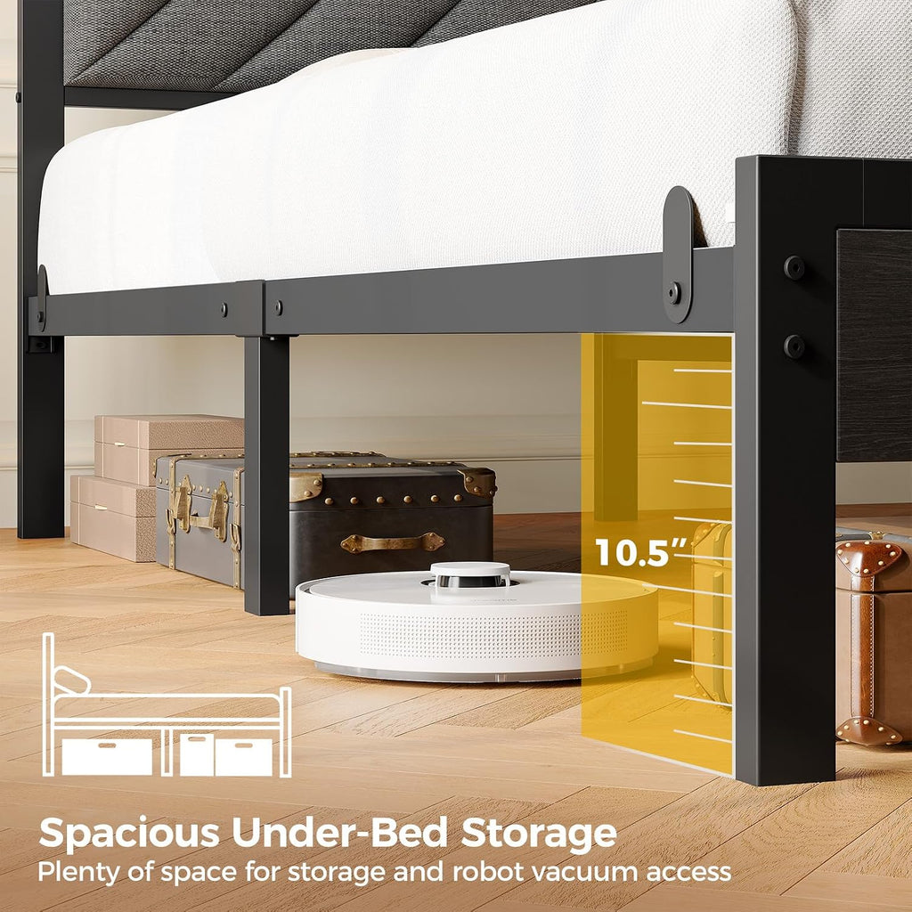 Seventable Bed Frame King Size with Charging Station, LED Bed with Upholstered Storage Headboard, Metal Platform Bed with Under Bed Storage, No Box Spring Needed, Noise Free, Easy Assembly, Grey