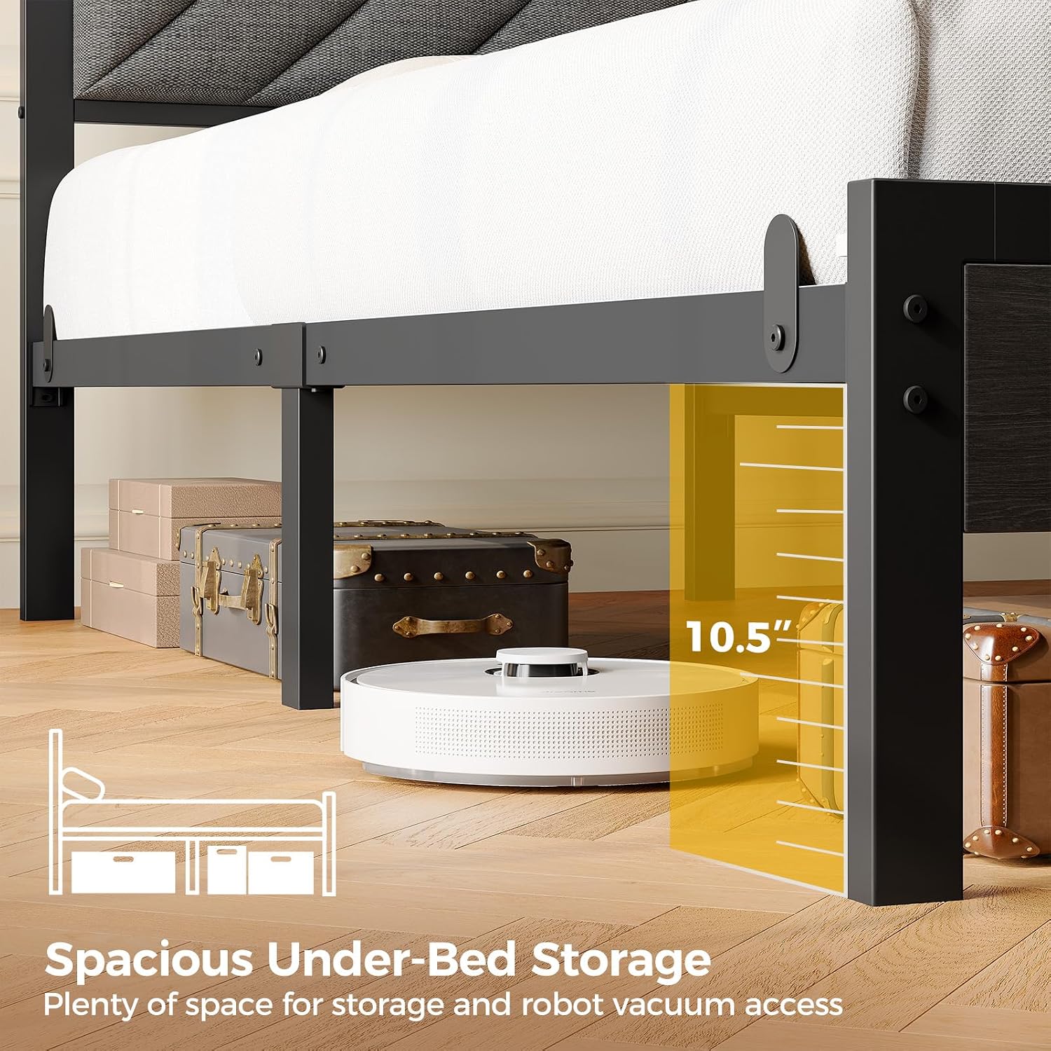 Seventable Bed Frame King Size with Charging Station, LED Bed with Upholstered Storage Headboard, Metal Platform Bed with Under Bed Storage, No Box Spring Needed, Noise Free, Easy Assembly, Grey