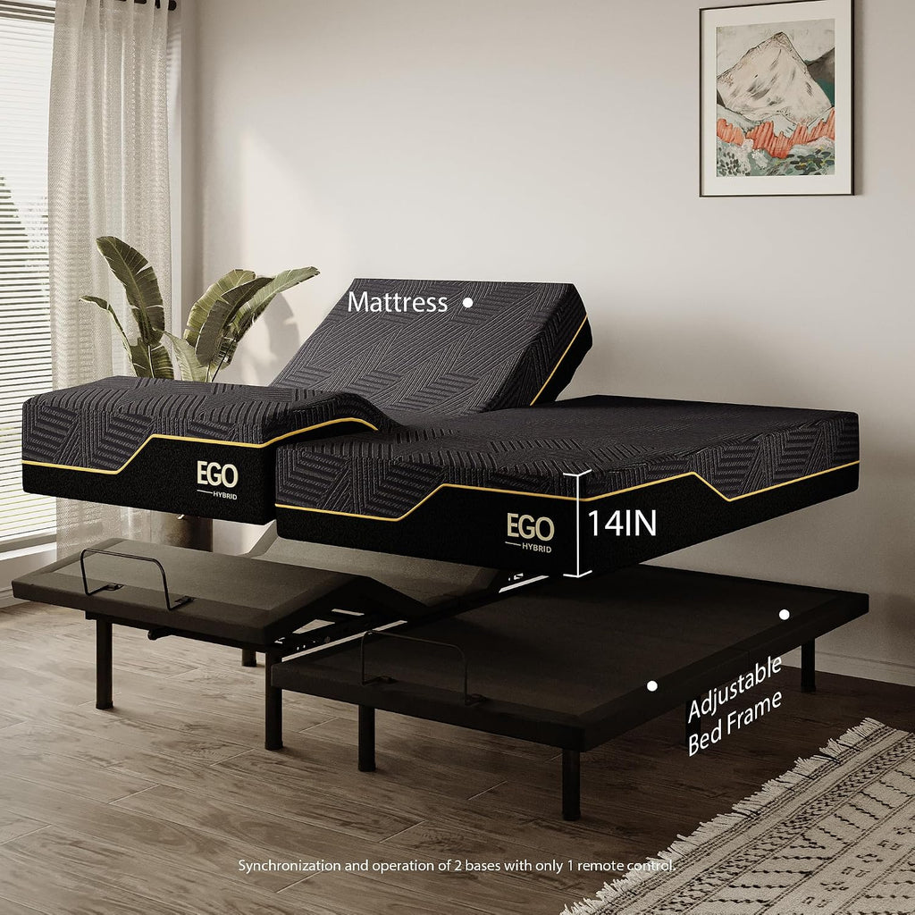 MLILY EGOHOME Split King Adjustable Bed Frame and 14 inch Memory Foam Mattress, Wireless Remote Adjustable Bed Base with 12' Adjustable Legs and Head and Foot Incline, Zero Gravity, Easy Assembly