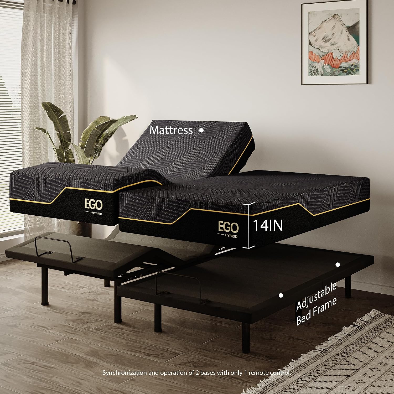 MLILY EGOHOME Split King Adjustable Bed Frame and 14 inch Memory Foam Mattress, Wireless Remote Adjustable Bed Base with 12' Adjustable Legs and Head and Foot Incline, Zero Gravity, Easy Assembly