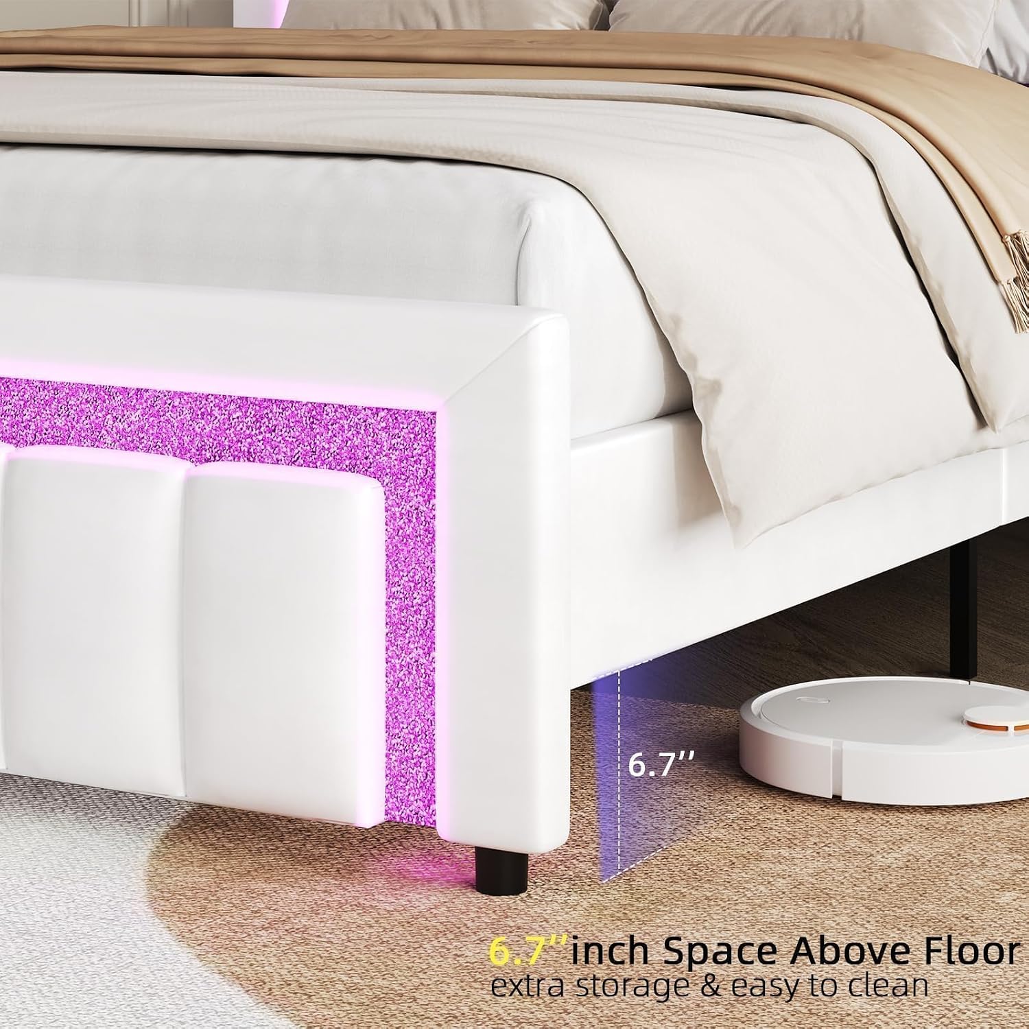 HOMBCK Twin Bed Frame with LED Lights and Velvet Upholstered Adjustable Headboard, Twin Size Bed Frames with Diamond Headboard & Footboard, Wood Slats Support, Noise Free, No Box Spring Needed, White