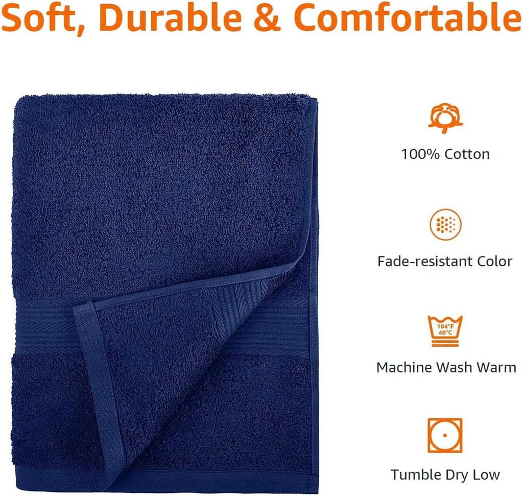 Amazon Basics 6-Piece Fade-Resistant 100% Cotton Towel Set, Soft and Absorbent, 2 BathTowels, 2 HandTowels, 2 Washcloths, Navy Blue (Pack of 6)
