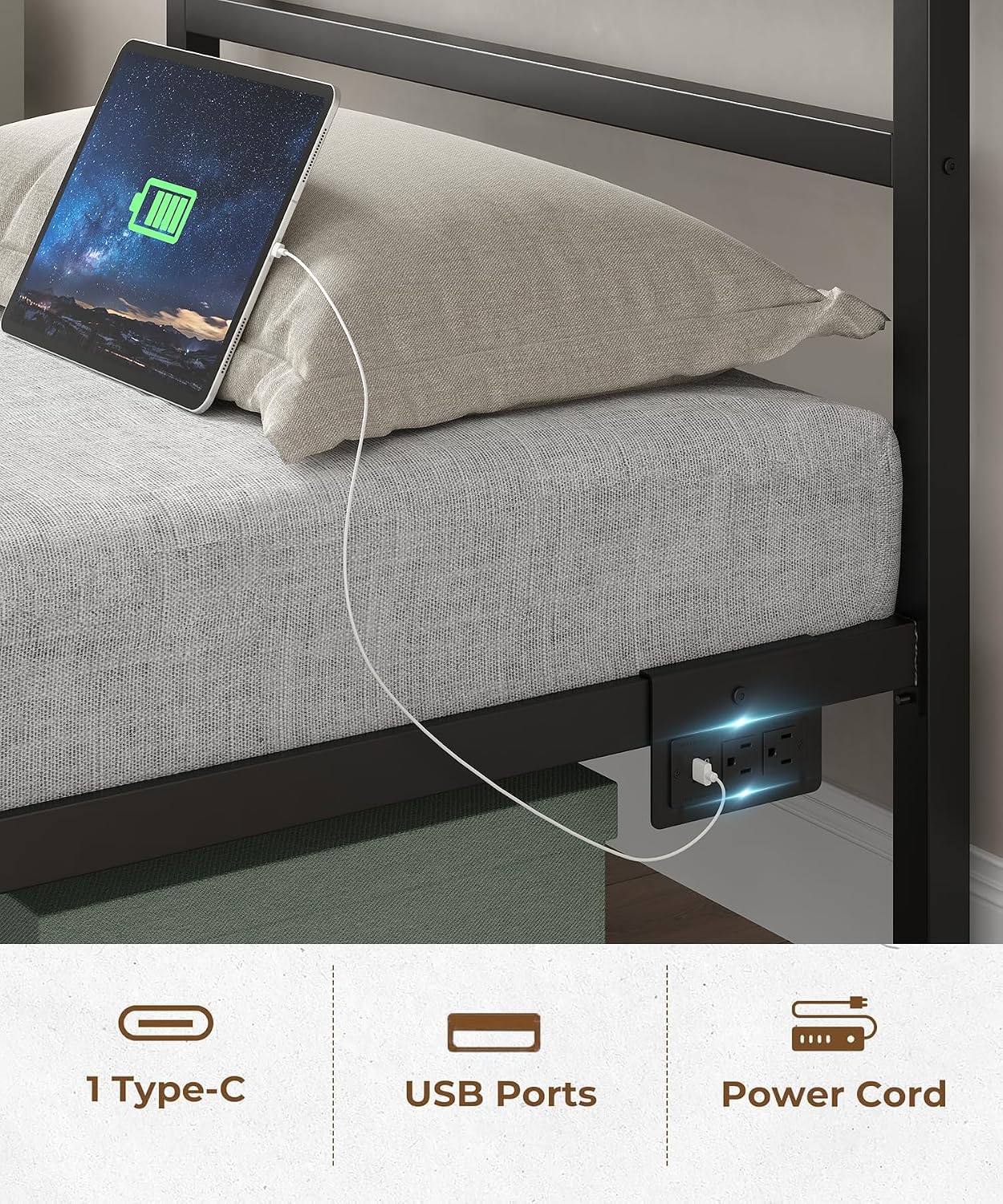CollaredEagle Twin Size Bed Frame with Headboard, Metal Platform Bed Frame with LED, Charging Station, No Box Spring Needed, Easy Assembly, Noise Free, Black