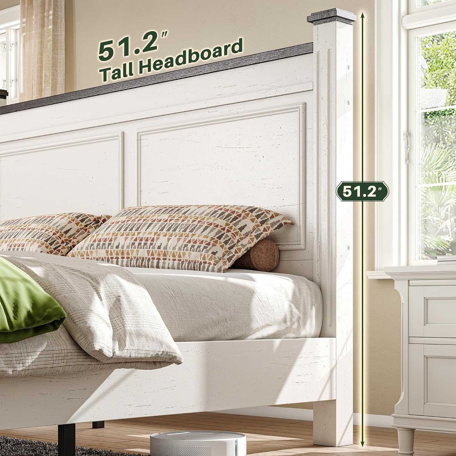 Homkdom Farmhouse Full Size Bed Frame, 51' Tall Full Bed Frame with Headboard, Bed Frame with 2 Storage Drawers, No Box Spring Needed, White