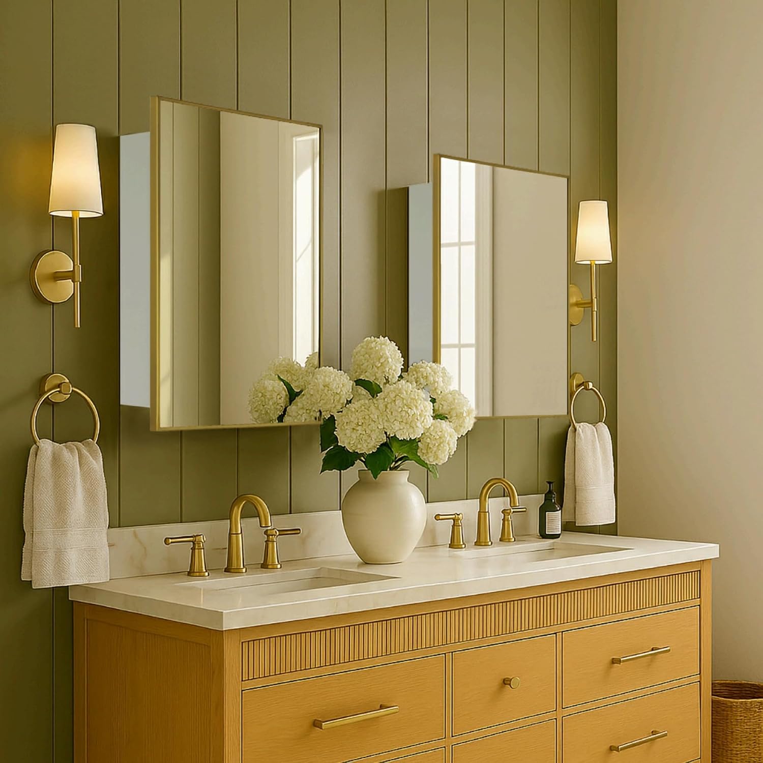 TEHOME 24'' x 30'' Brushed Gold Recessed and Surface Mount Bathroom Medicine Cabinet with Mirror Brushed Gold Square Cornered Metal Framed Rounded Rectangle Medicine Cabinet Mirror