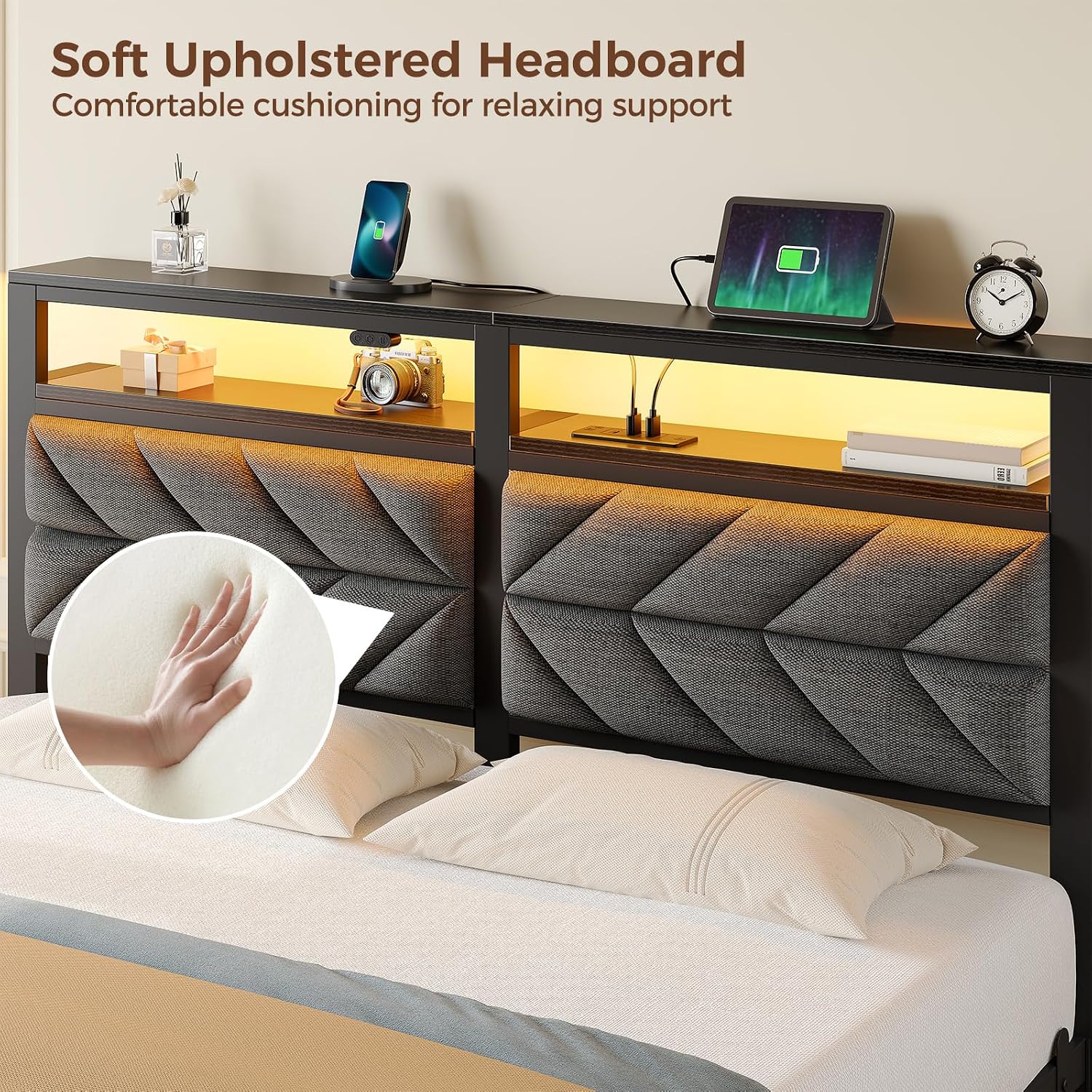 Seventable Bed Frame Queen Size with Charging Station, LED Bed with Upholstered Storage Headboard, Metal Platform Bed with Under Bed Storage, No Box Spring Needed, Noise Free, Easy Assembly, Grey
