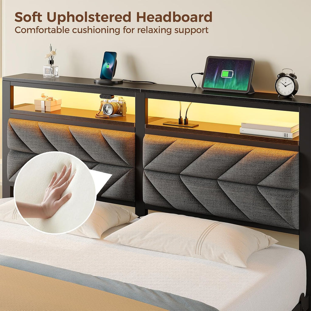 Seventable Bed Frame Full Size with Charging Station, LED Bed with Upholstered Storage Headboard, Metal Platform Bed with Under Bed Storage, No Box Spring Needed, Noise Free, Easy Assembly, Grey