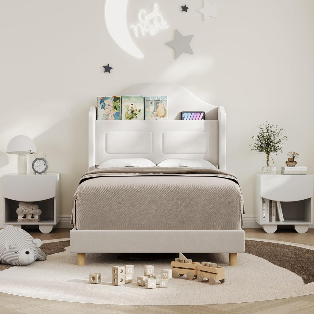 GarveeHome Twin Bed Frame for Kids, Upholstered Velvet Princess Platform Bed for Boys/Girls with Wingback, Bookcase Headboard & LED Lights, No Box Spring Needed, Noise-Free, Easy Assembly, Beige