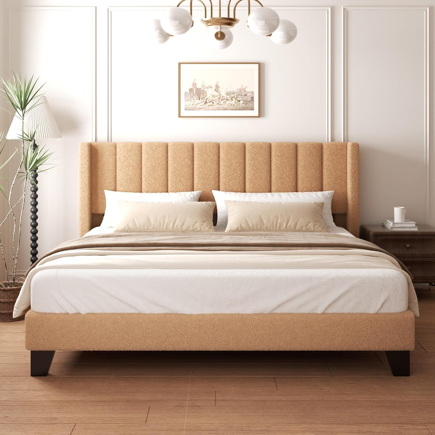 Kingg Size Bed Frame with Headboard Upholstered Platform Bed Frame with Teddy Velvet Headboard, Wooden Slats Support/Wing Edge Design/No Box Spring Needed/Easy Assembly, Brown